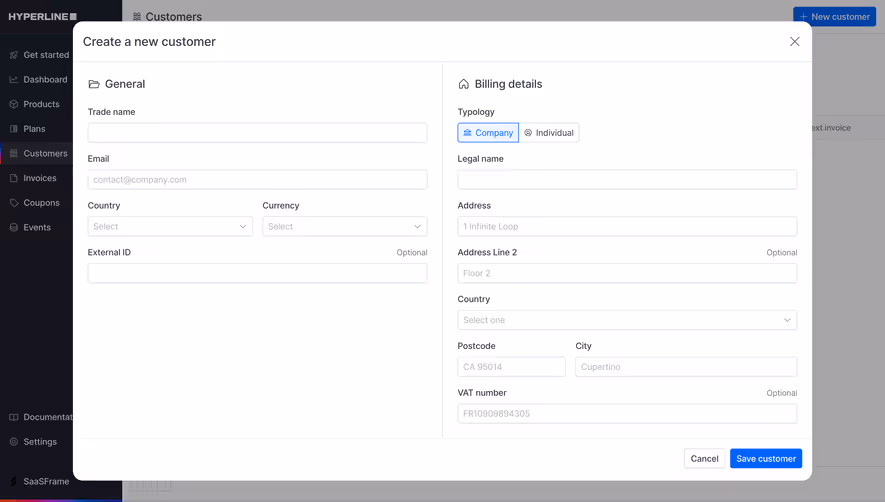 Hyperline Create A New Customer