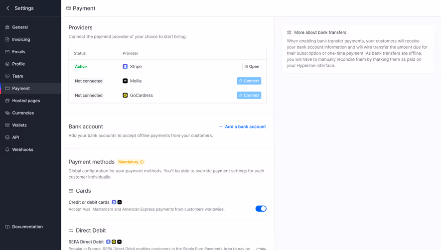 Hyperline Payment Settings