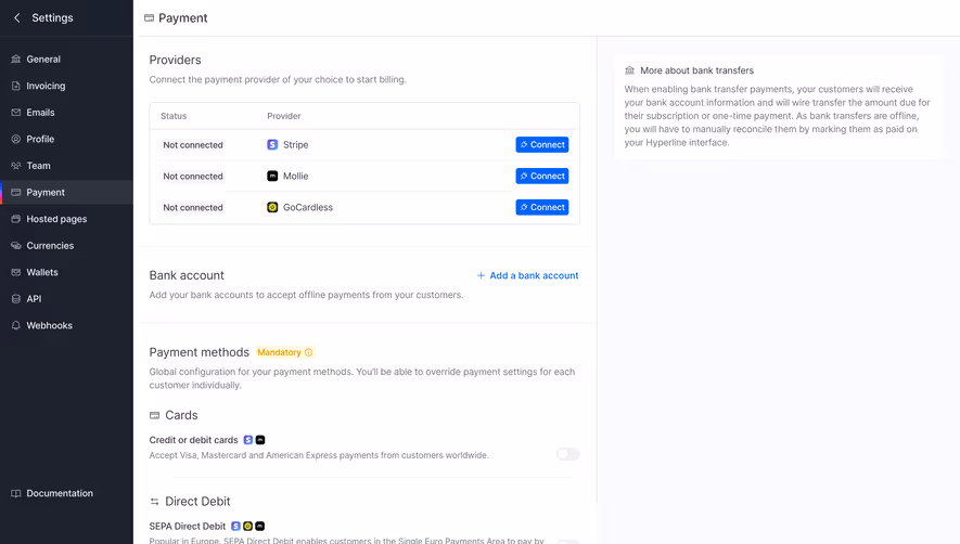 Hyperline Payment Settings