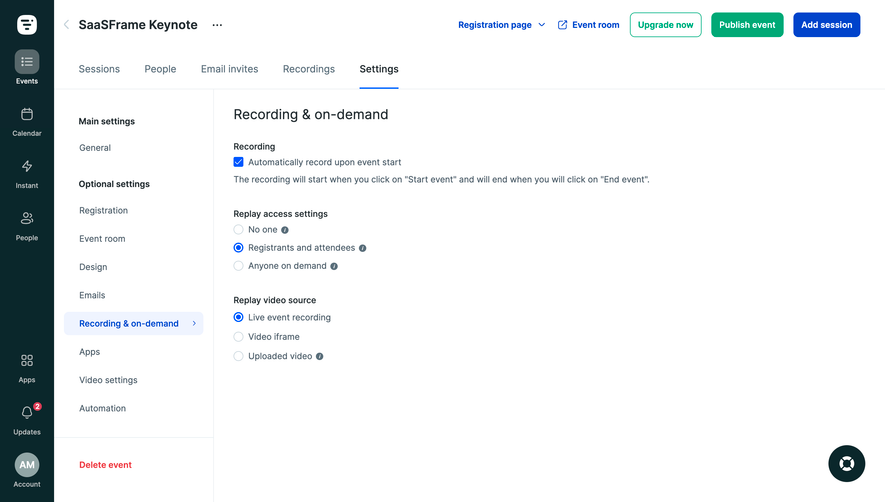 Livestorm Event Recording Settings