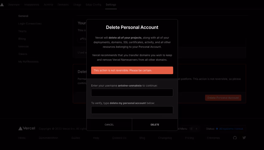 Vercel Delete Account