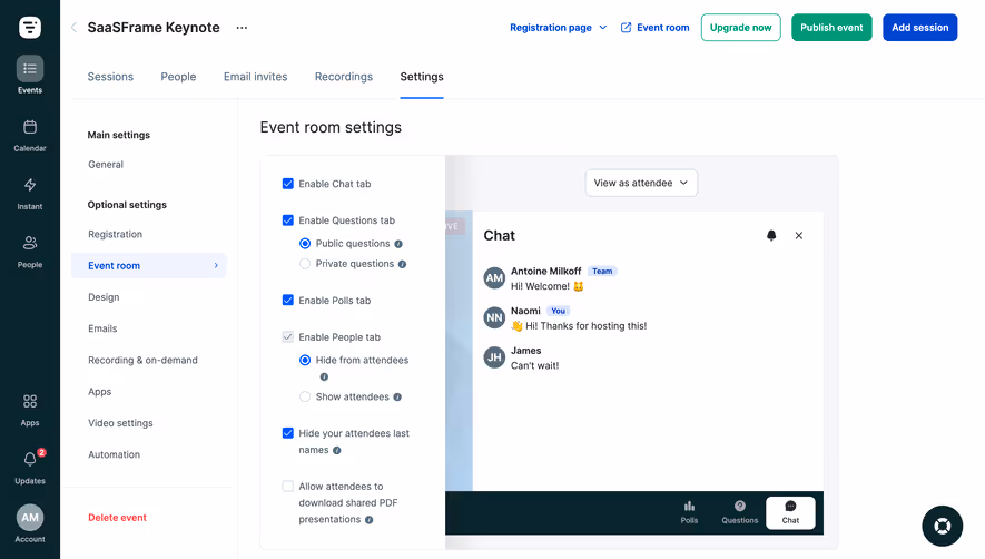 Livestorm Event Room Settings