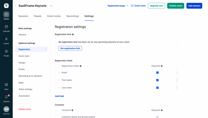 Livestorm Event Registration Settings