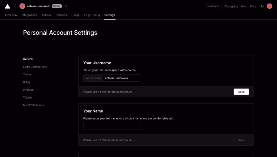Vercel Account settings