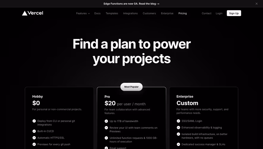Vercel Pricing Page