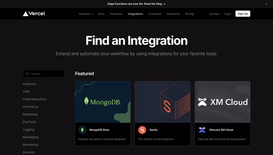Vercel Integrations Page