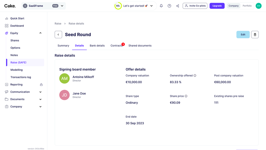 Cake Equity Raise Details