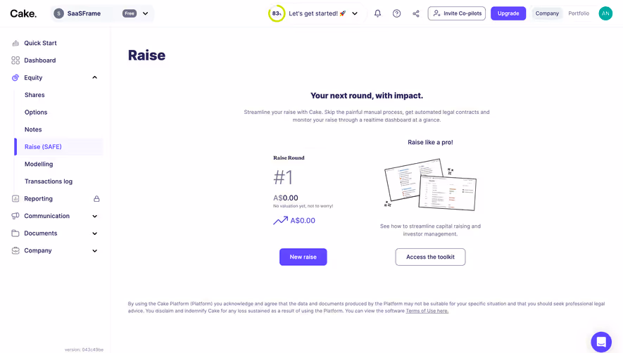 Cake Equity Empty Raise Dashboard