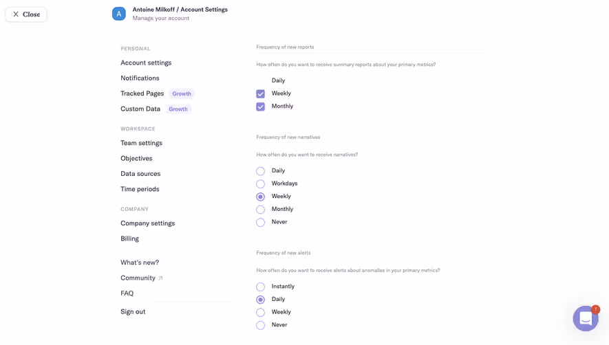 Narrative BI Notifications Settings