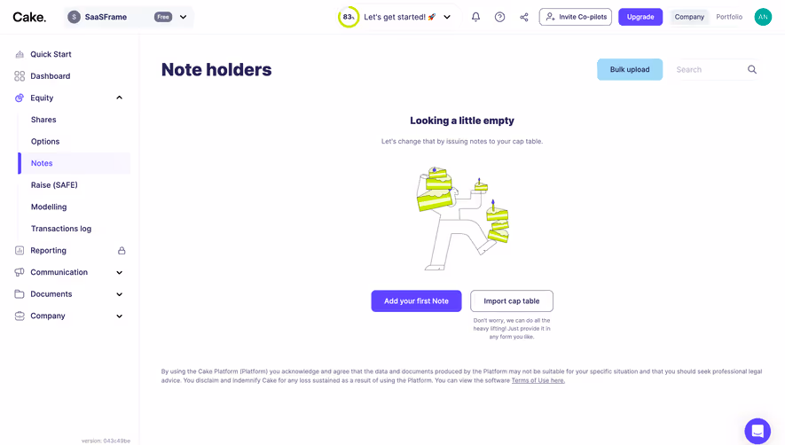 Cake Equity Empty Notes Dashboard