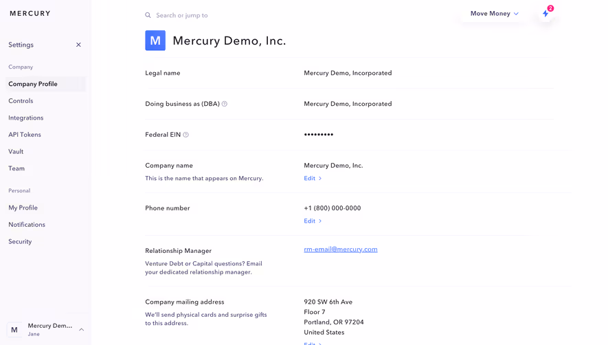 Mercury Company Settings