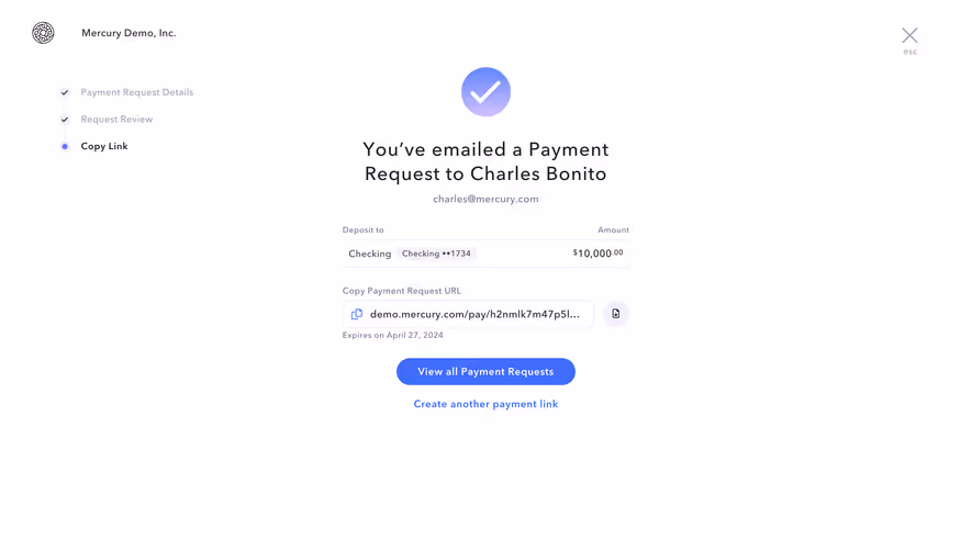 Mercury Payment Request Sent