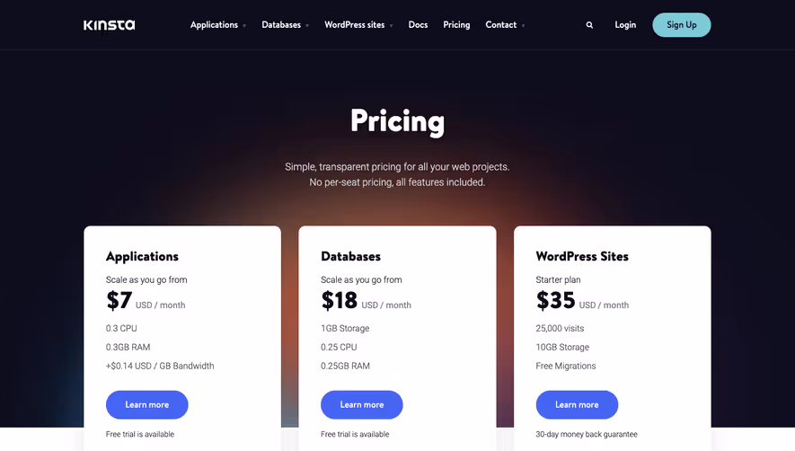 Kinsta Pricing Page