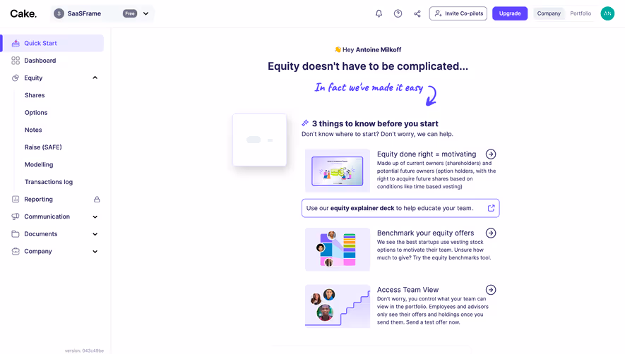 Cake Equity Welcome Screen