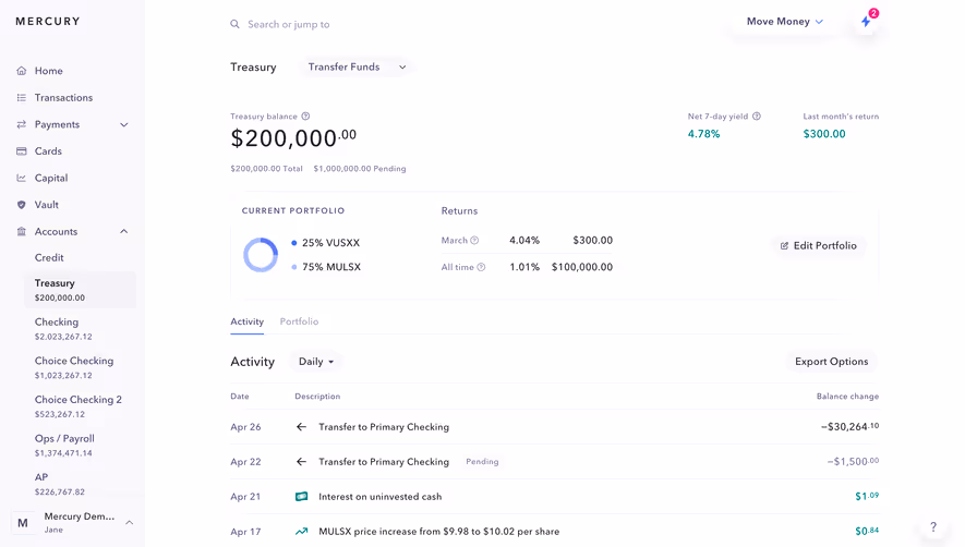 Mercury Treasury Dashboard