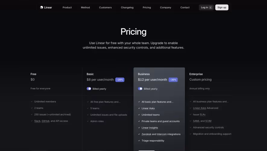 Linear Pricing Page