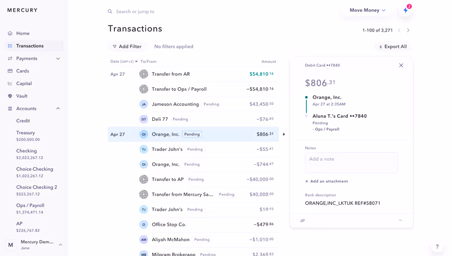 Mercury Transactions Details