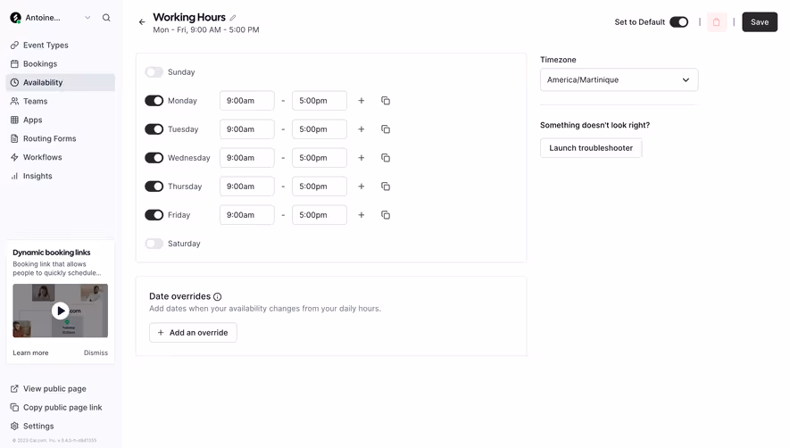 Cal.com Availabilities Settings