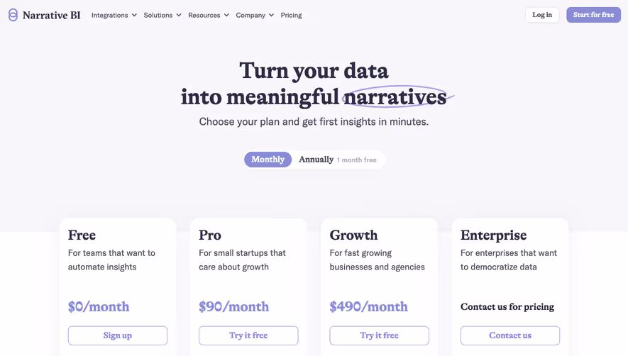 Narrative BI Pricing Page