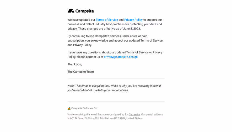 Campsite Terms & Privacy Emails