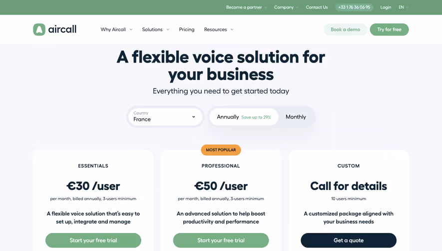 Aircall Pricing Page