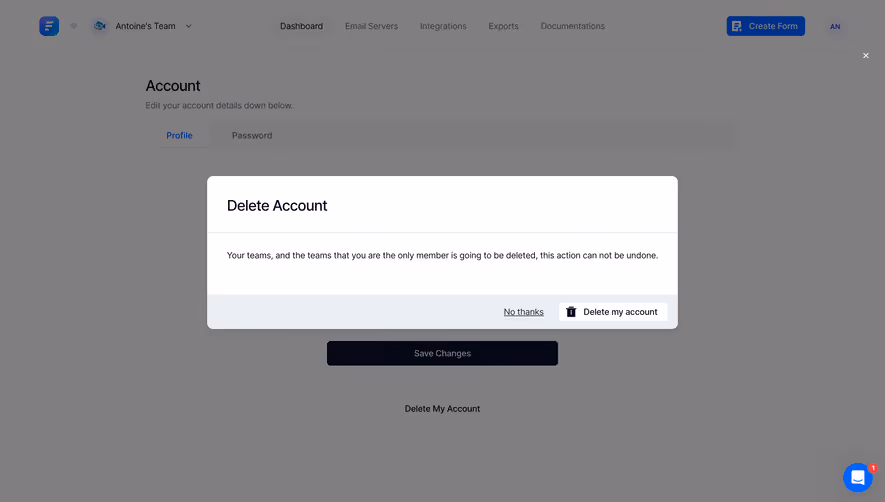 Formcarry Delete Account Modal