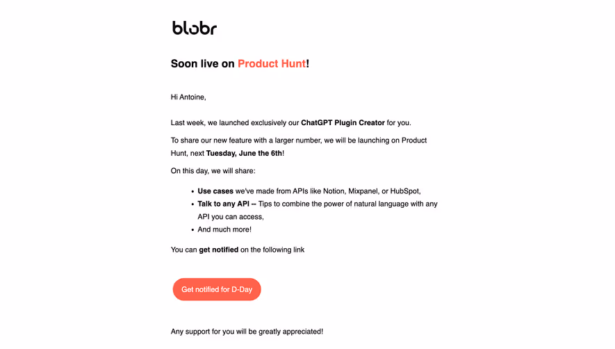 Blobr Soon On Product Hunt Email