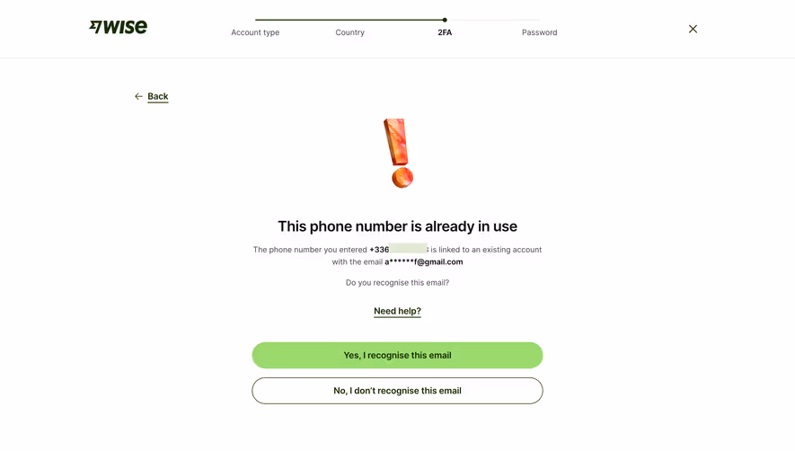 Wise 2FA Phone Number Already Used