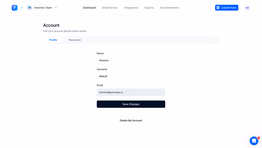 Formcarry Account Settings