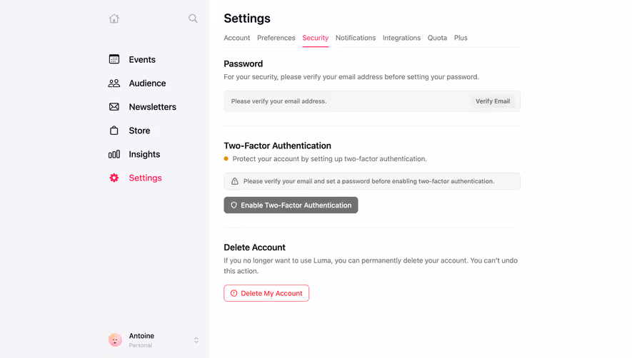 Luma Security Settings