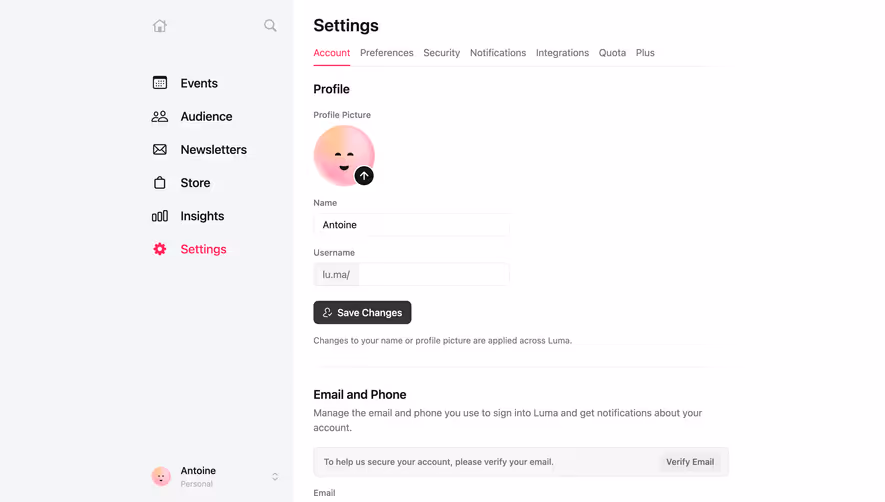 Luma Account Settings