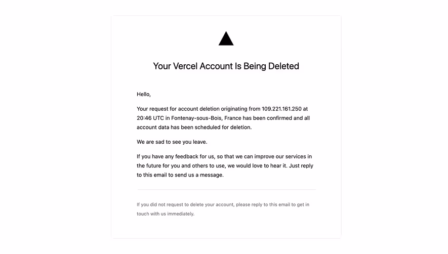 Vercel Delete Account Confirmation Email