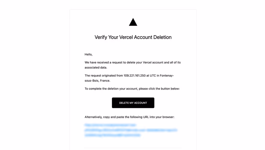 Vercel Delete Account Confirmation Email