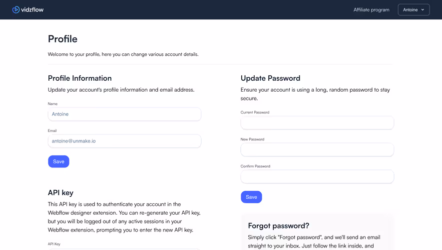 Vidzflow Profile Settings