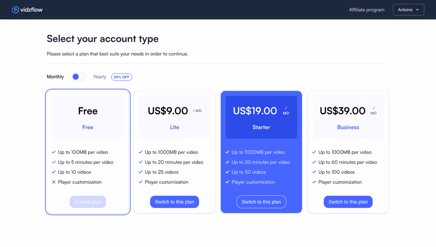 Vidzflow Plan Choice