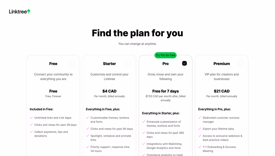Linktree Choose A Plan