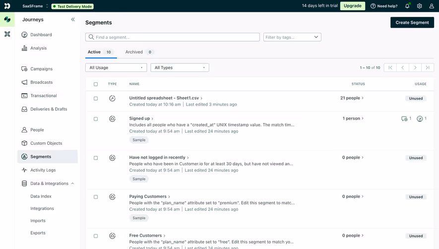 Customer.io Segments Table
