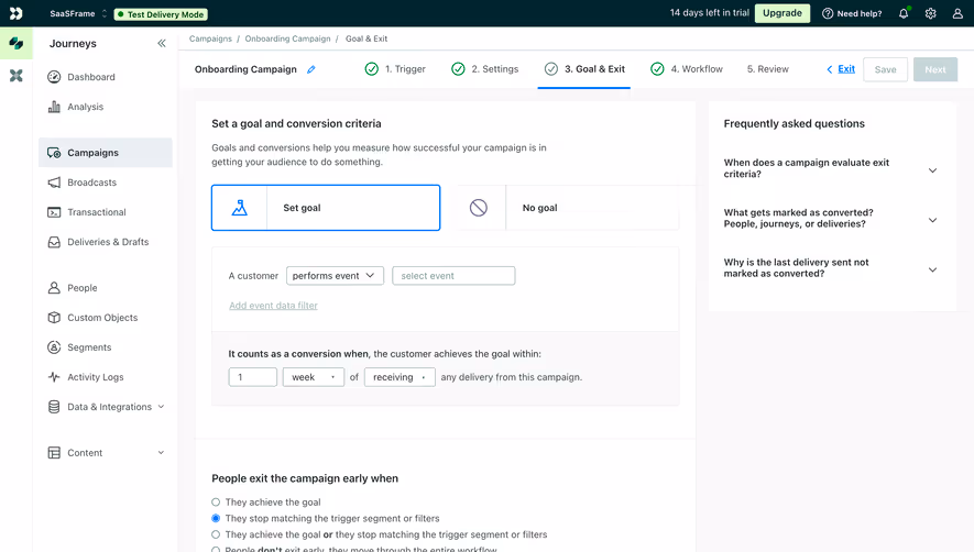 Customer.io Campaign Goals Settings