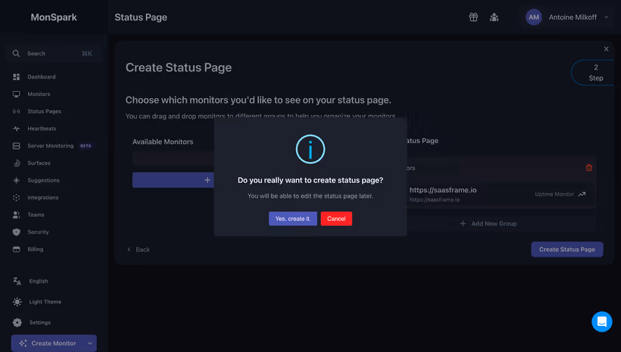MonSpark Create Status Page Confirmation
