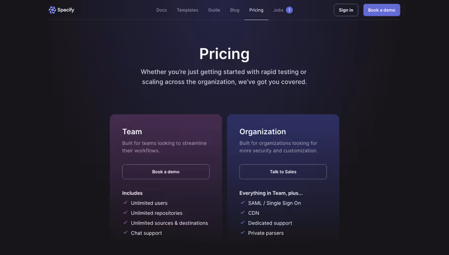 Specify Pricing Page