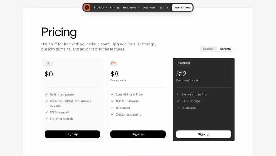 Skiff Pricing Page