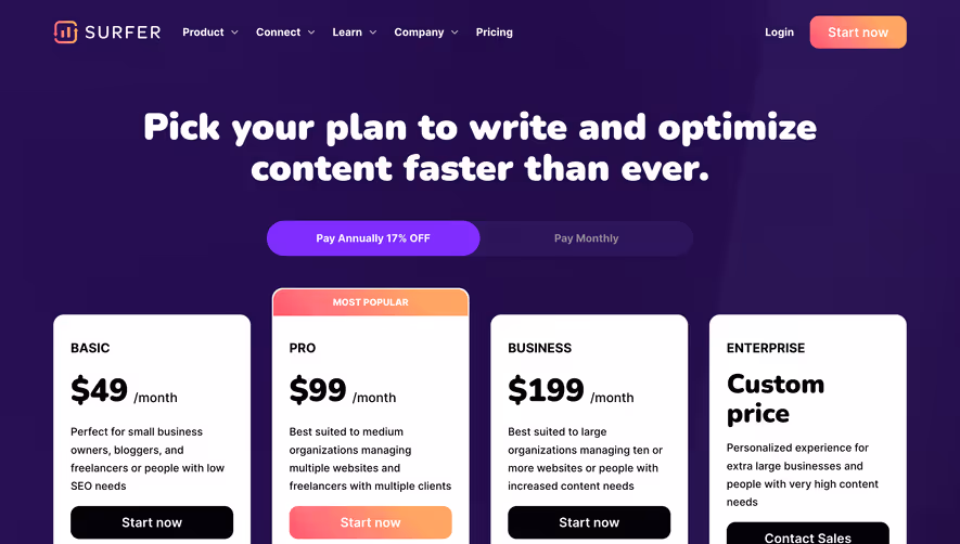 Surfer SEO Pricing Page