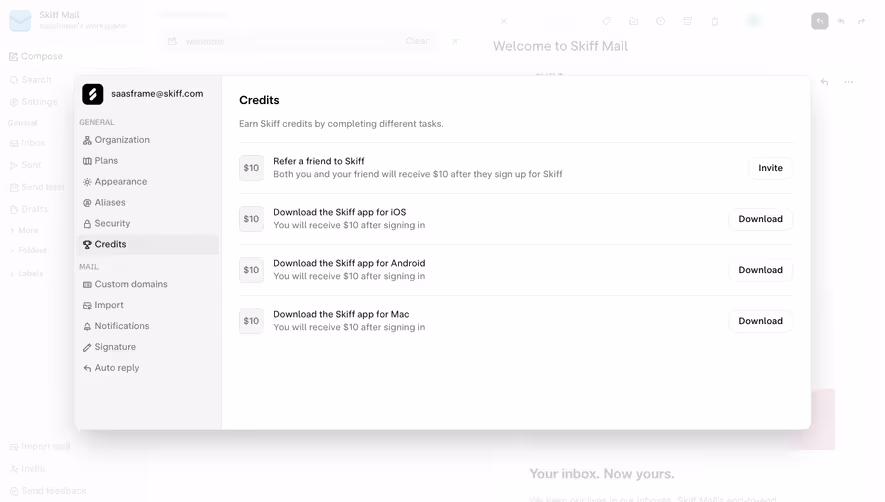 Skiff Credits Settings