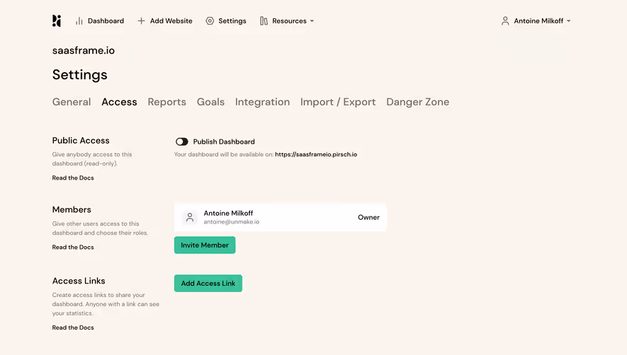 Pirsch Analytics Access Settings