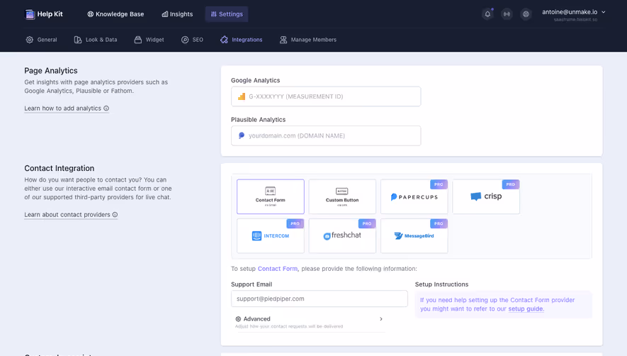 Help Kit Integrations Settings