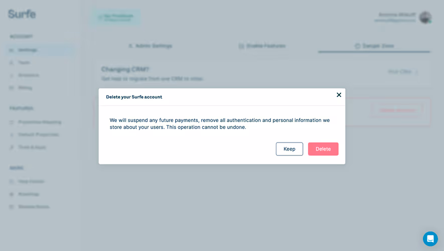 Surfe Delete Account Modal