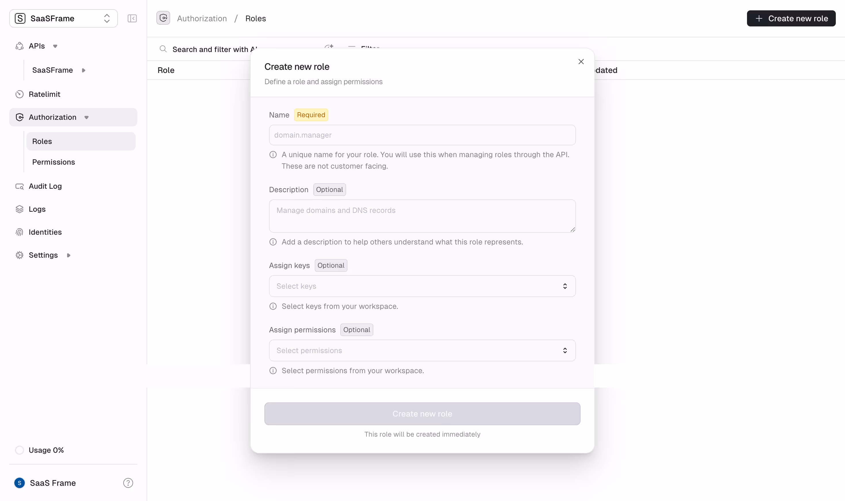 Unkey Create New Role