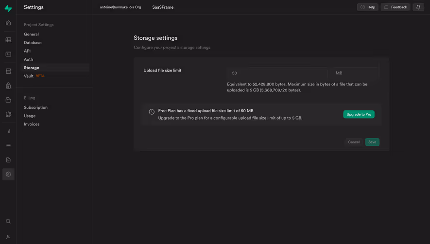 Supabase Storage Settings