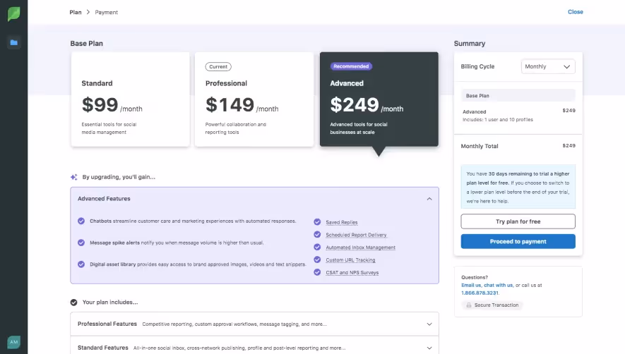 Sprout Social Upgrading Page