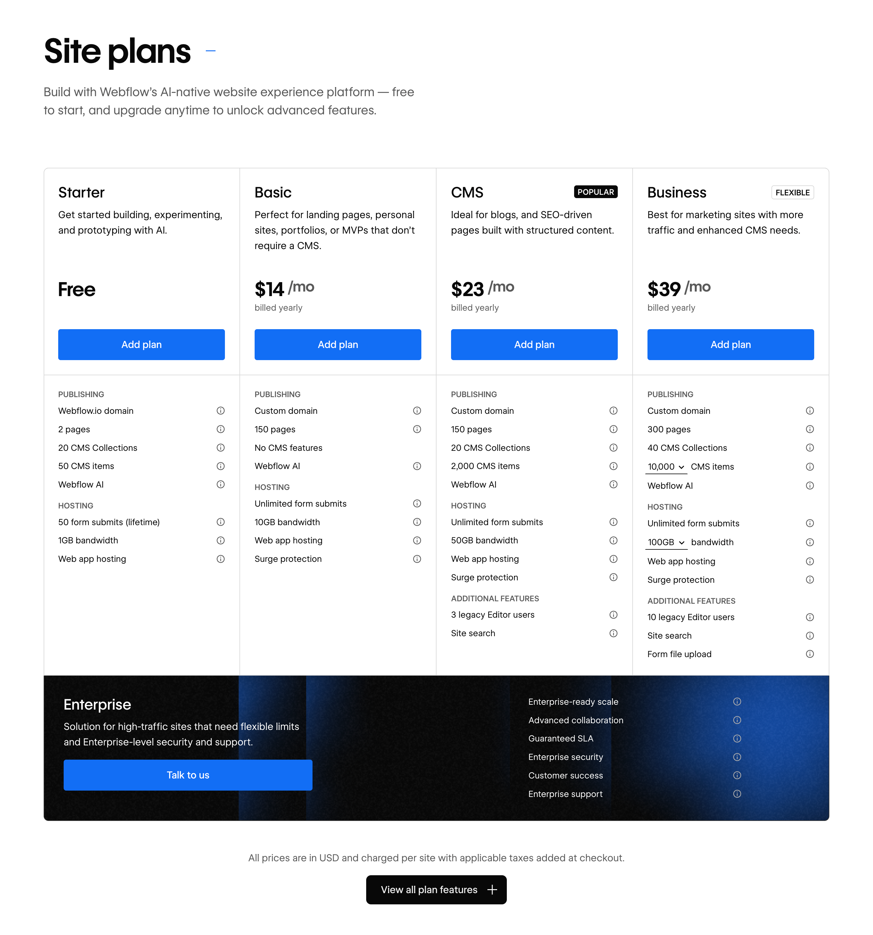 Webflow progressive plan comparisons